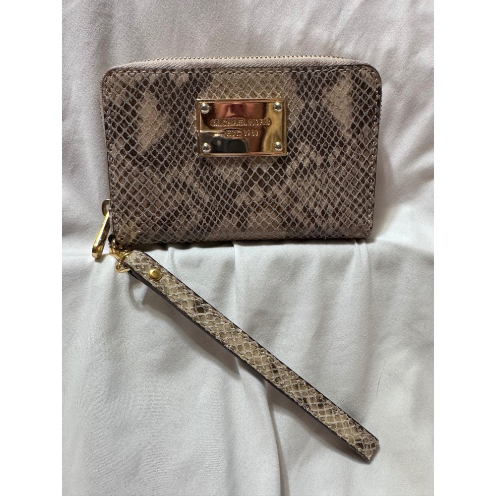 Michael‎ Kors Jet Set Python Embossed Leather Zip Around Wristlet Wallet Tan